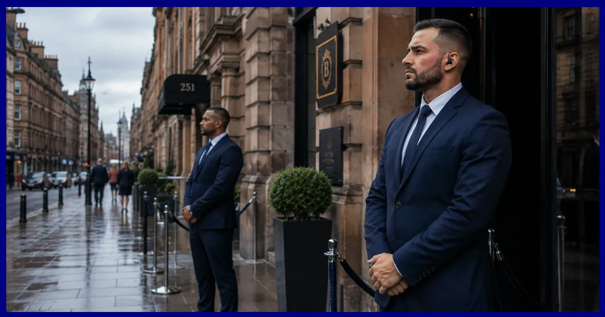 SIA-licensed event security officers on duty outside a Glasgow arena venue in the evening