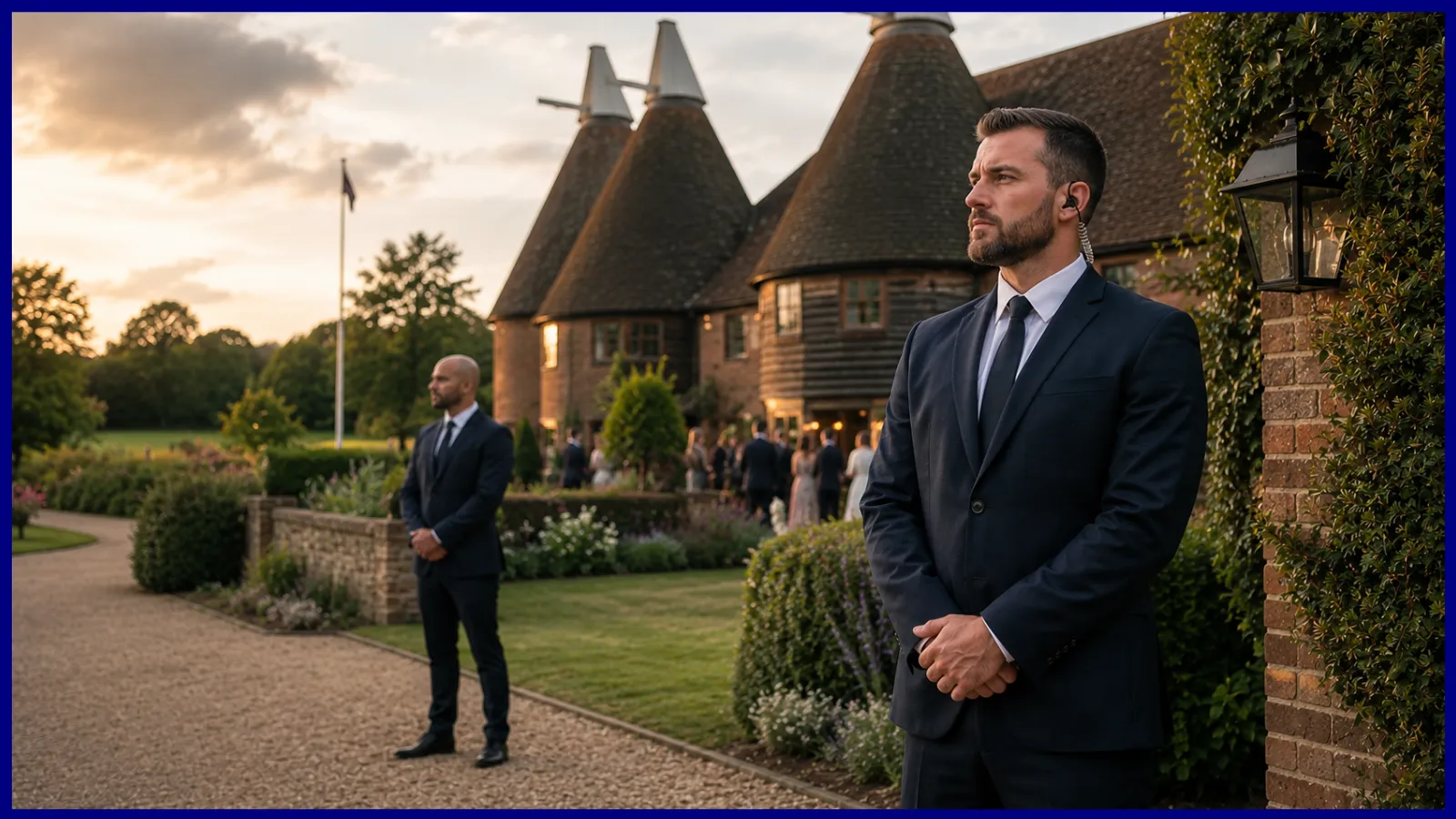SIA-licensed event security officer on duty at a Hertfordshire country-house wedding venue