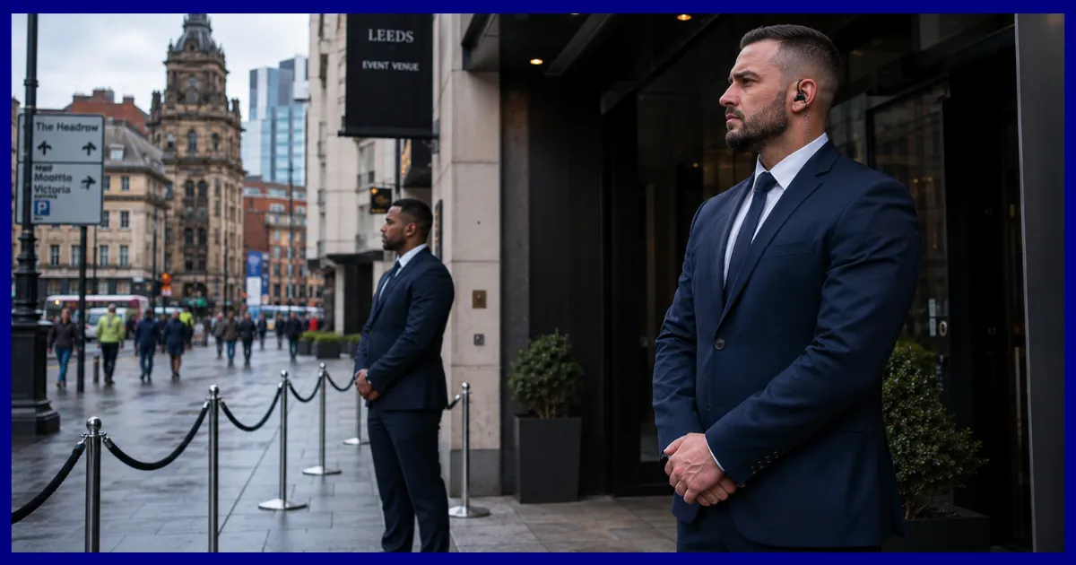 SIA-licensed event security officers on duty outside a Leeds city-centre venue in the evening