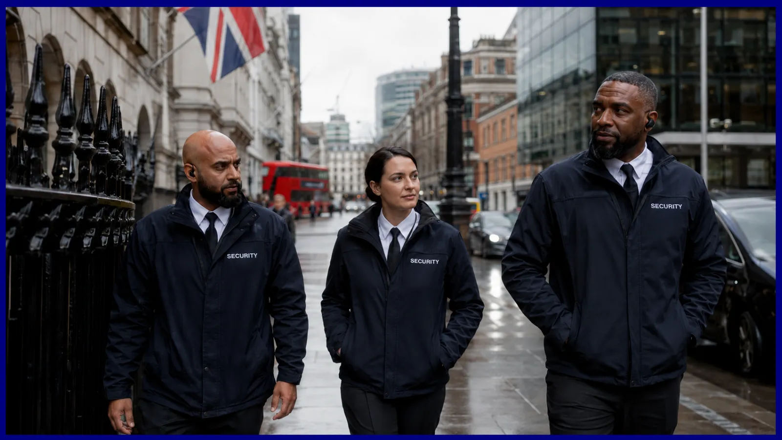SIA-licensed event security officers on duty outside a London event venue at dusk