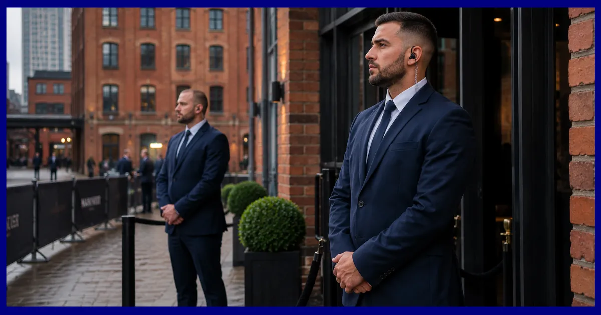 SIA-licensed event security officers on duty outside a Manchester city-centre arena at night