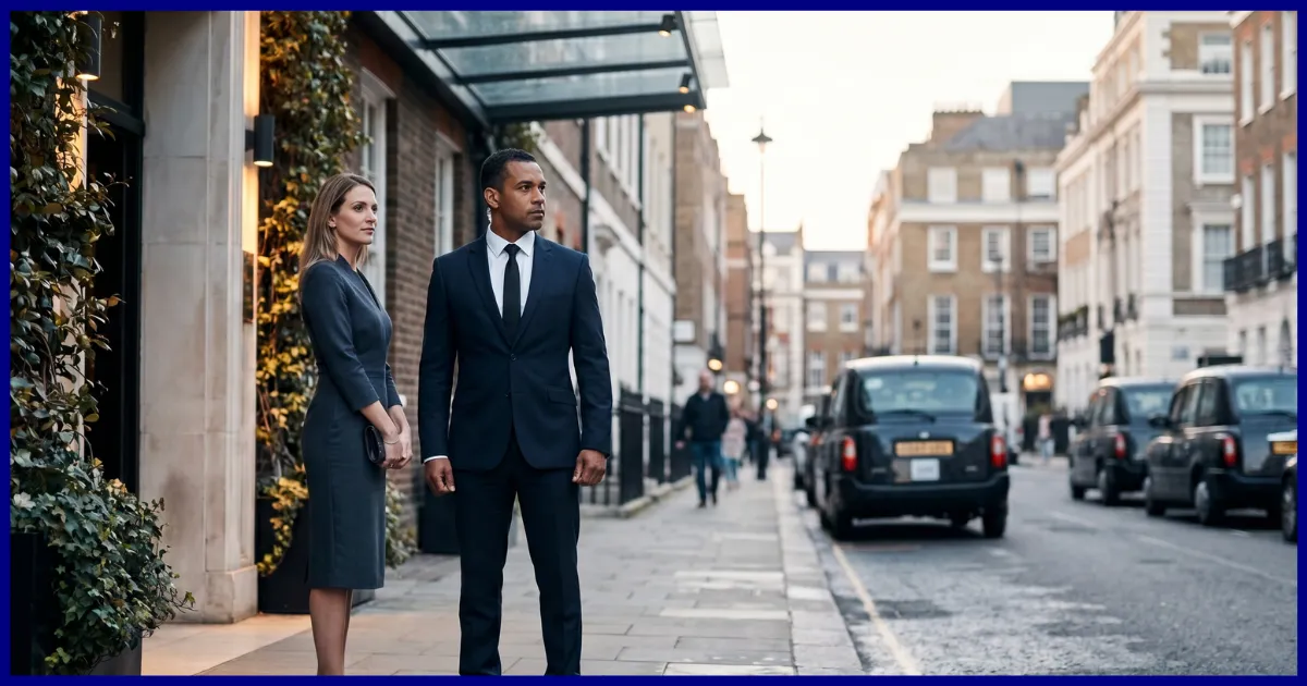 Close protection officer scanning an arrival point while a principal exits a vehicle