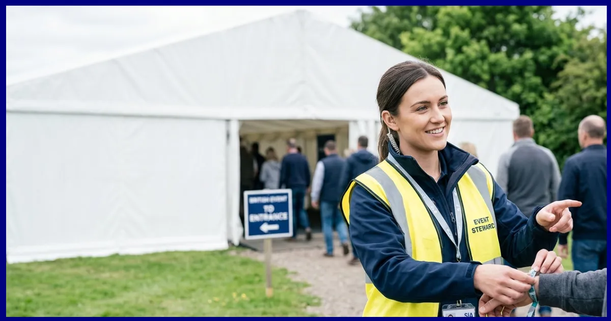 SIA-licensed stewards managing the flow of a crowd at a busy event entrance
