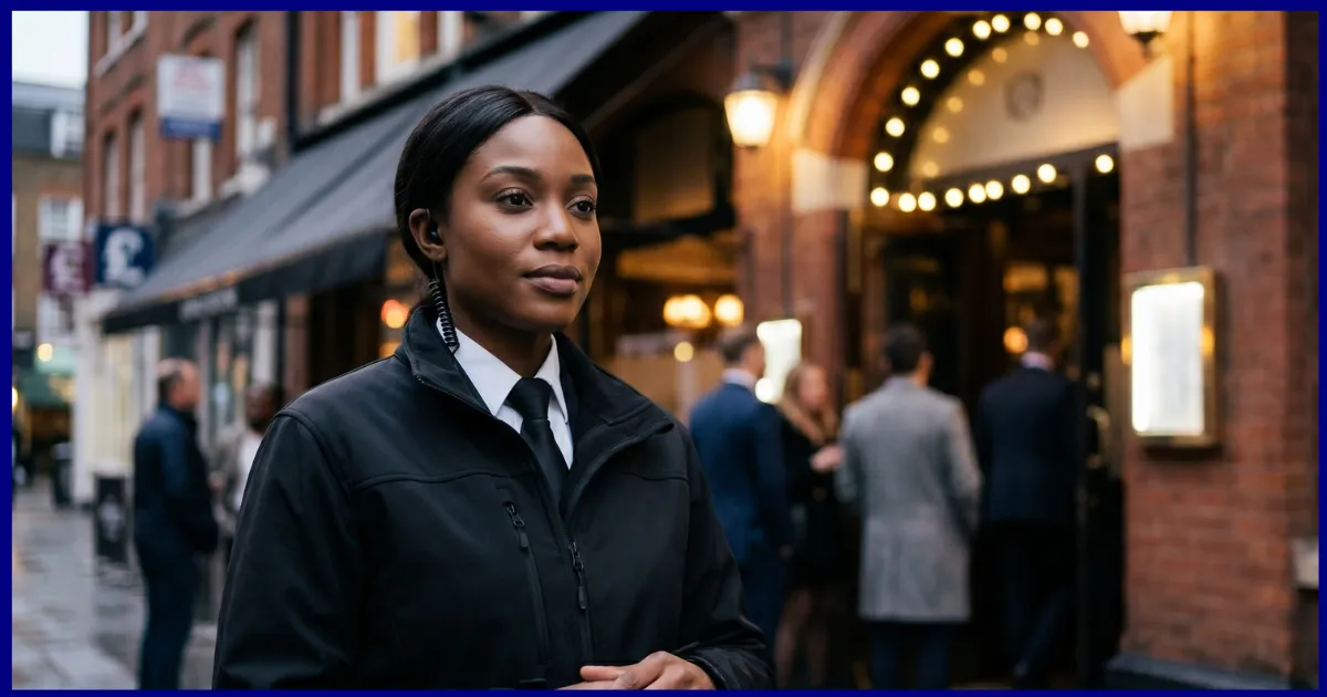 SIA-licensed door supervisor checking guests in at an event entrance