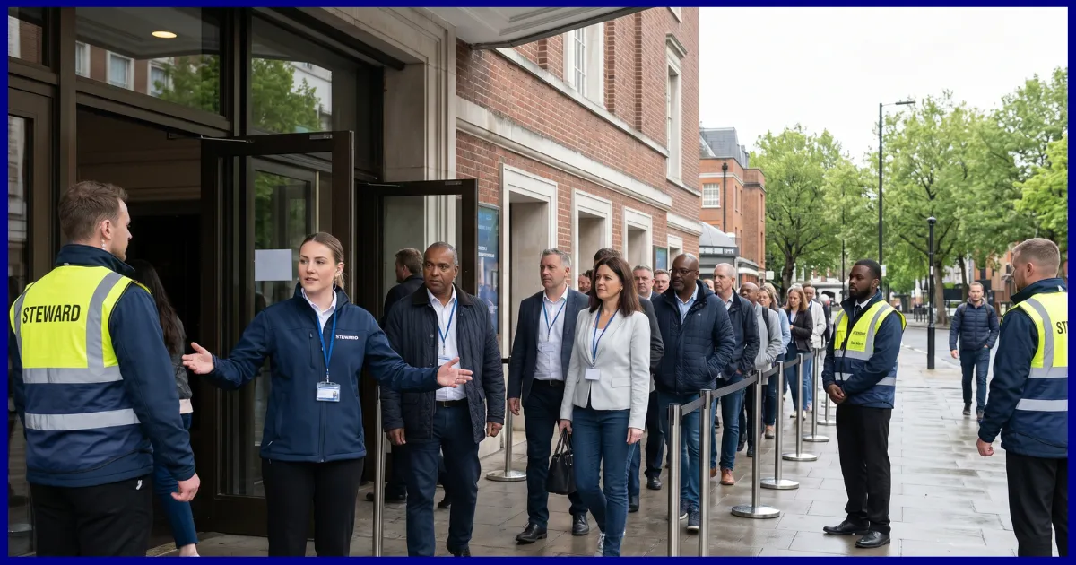 SIA-licensed security officers staffing an event entrance, illustrating how to work out guard numbers