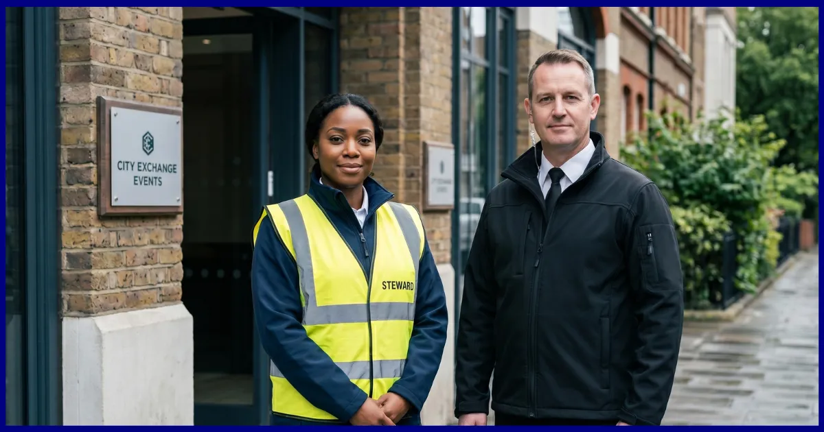 An event steward in a hi-vis tabard directing a queue beside an SIA door supervisor on a venue entrance