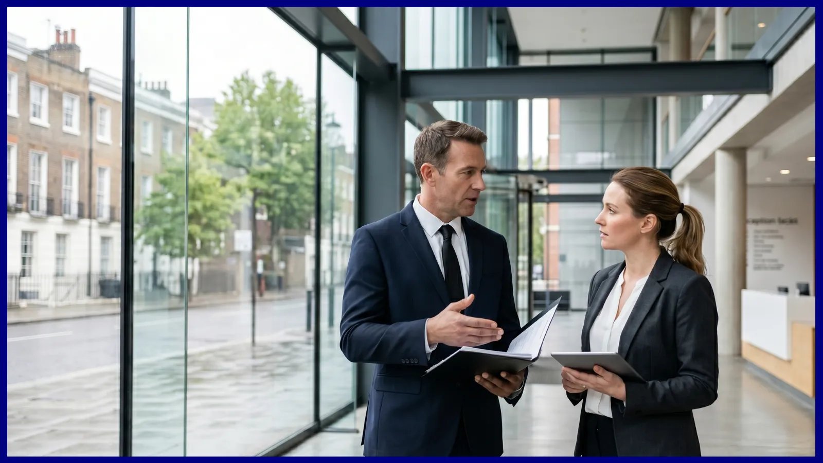 Security professional checking guests into a modern glass London conference centre
