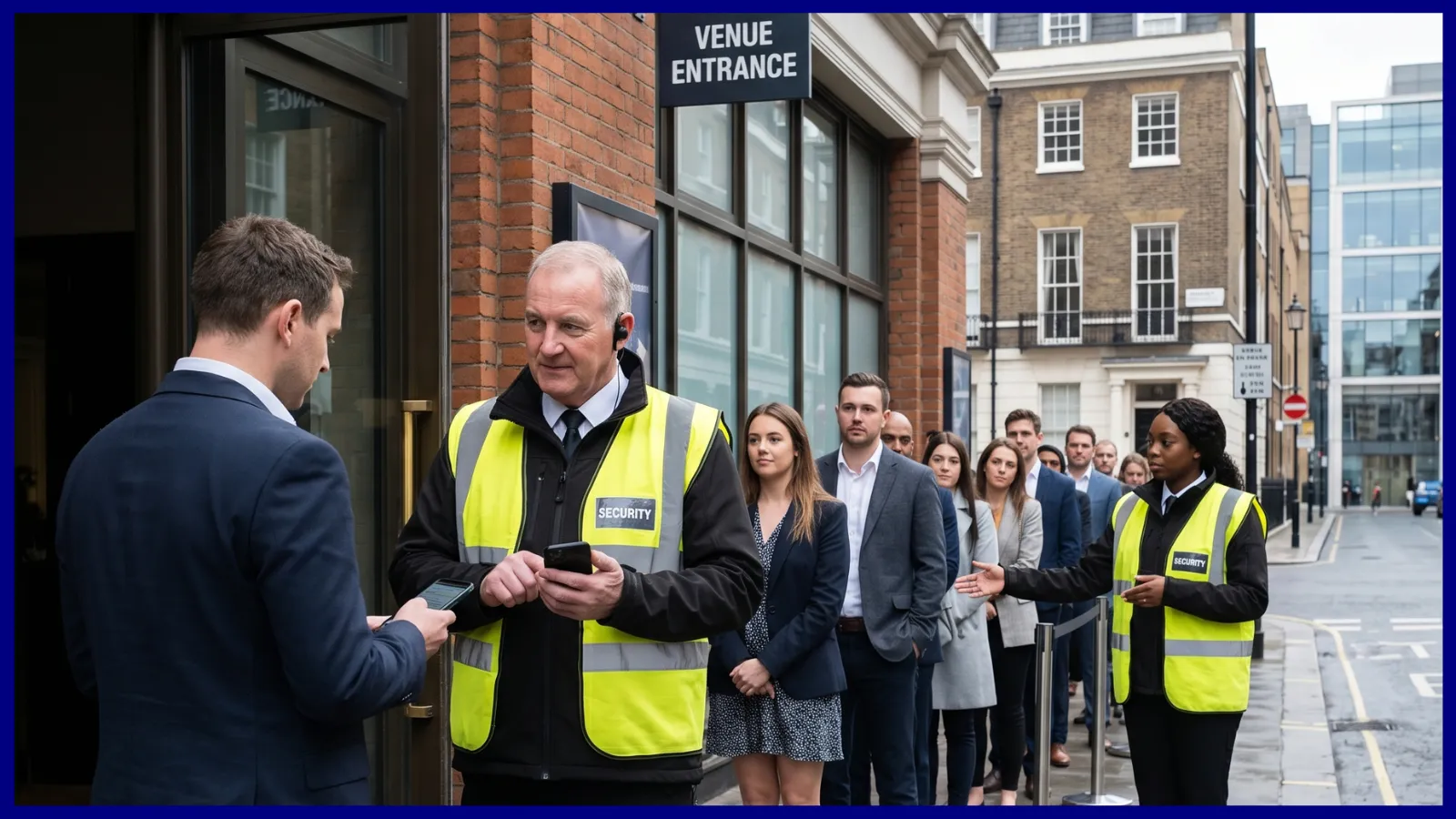 Stewards managing an orderly crowd flow at a London venue entrance
