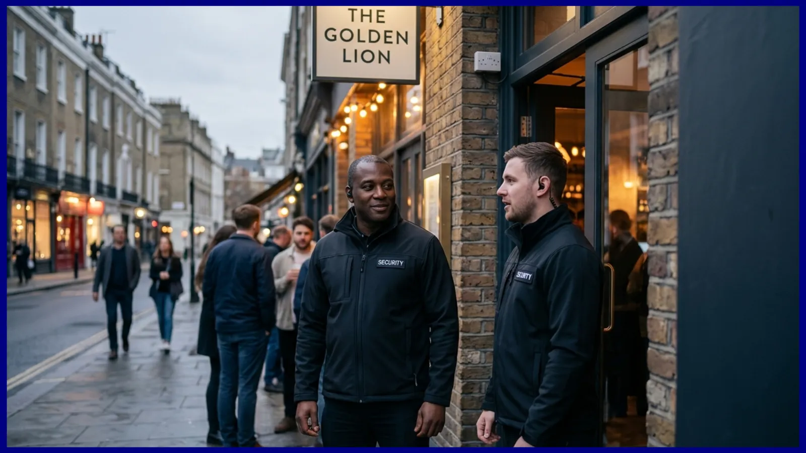 SIA-licensed door supervisor checking guests at a London venue entrance