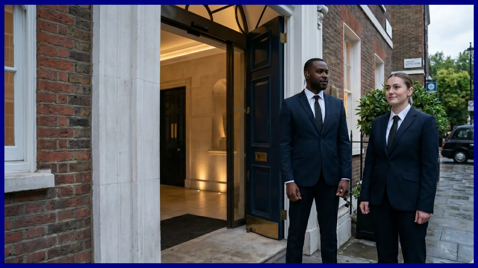 Two SIA-licensed event security guards in dark suits on duty at a London venue entrance