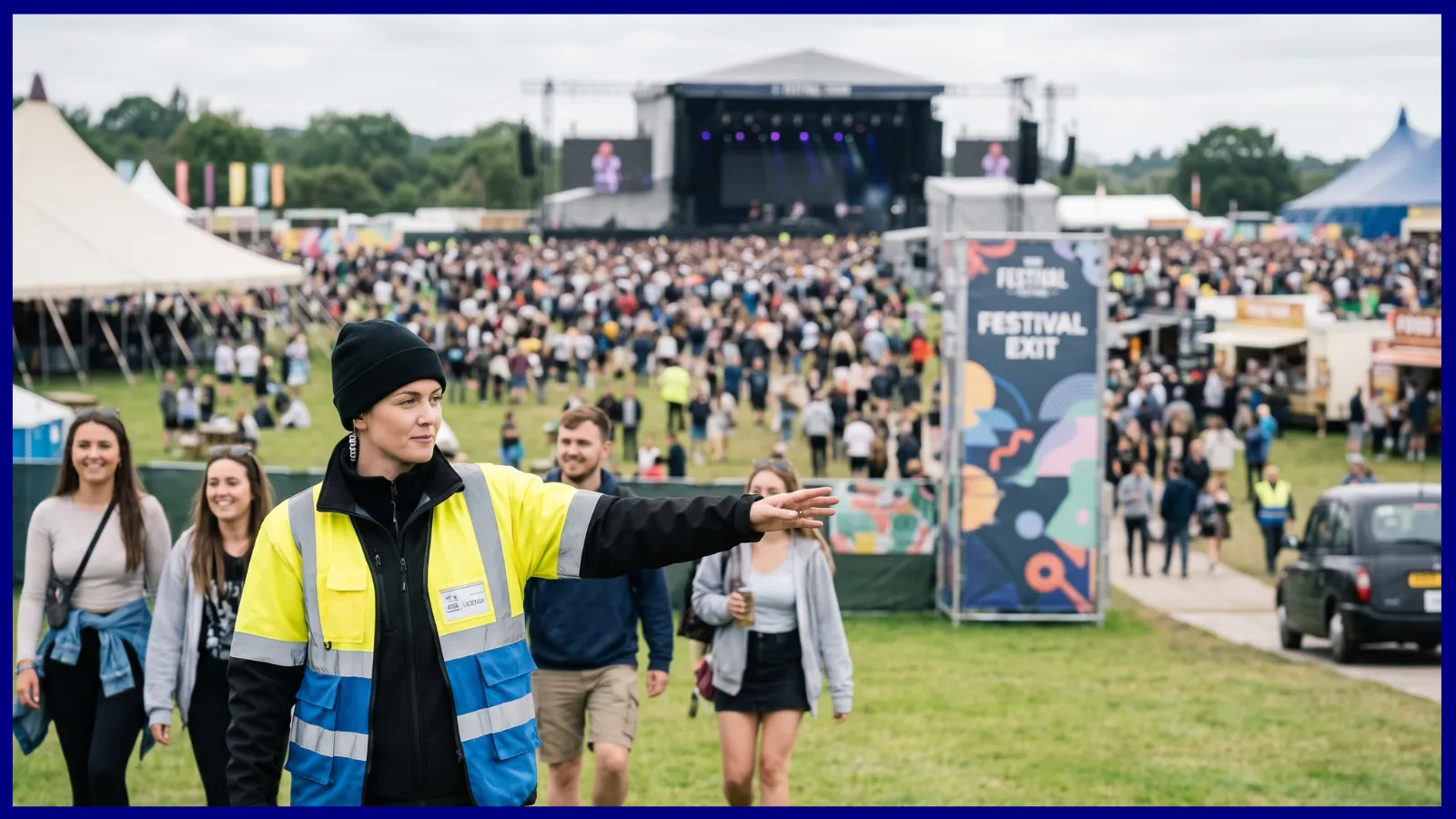 Hi-vis festival steward directing guests at a UK outdoor music festival