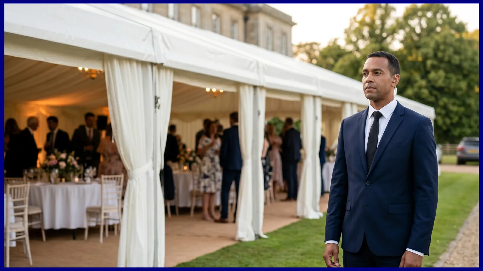 Discreet security officer in a dark suit at a private party entrance